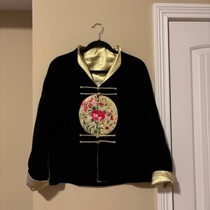 Elegant Black and Gold Women's Blazer with Floral Embroidery